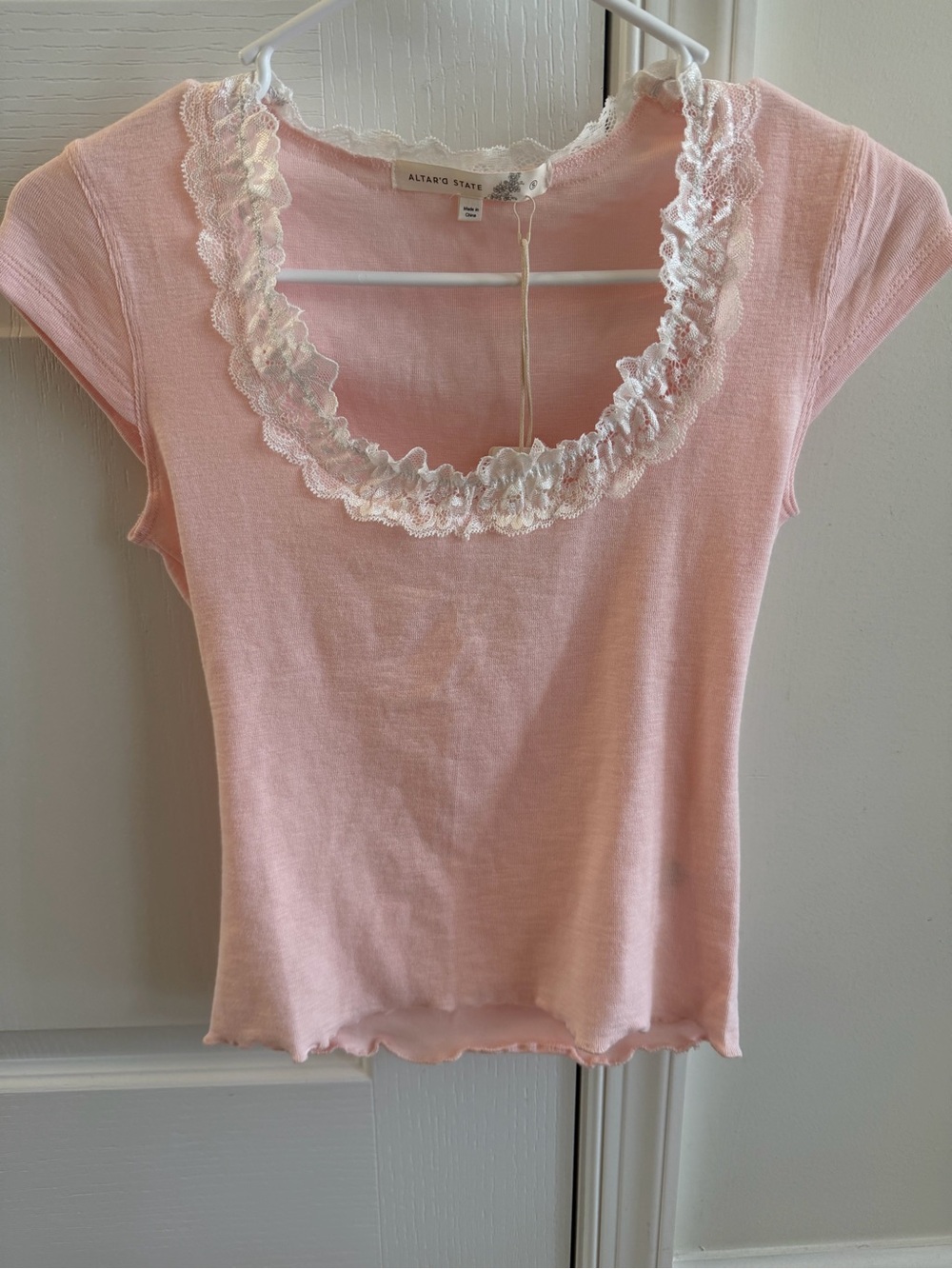 Altar'd State Soft Pink Lace-Trim Scoop Neck Tee
